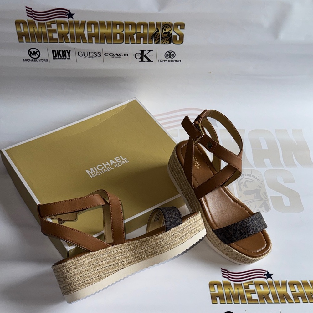 Michael Kors Lowry Wedge Brown Signature Espadrille Sandals with Box